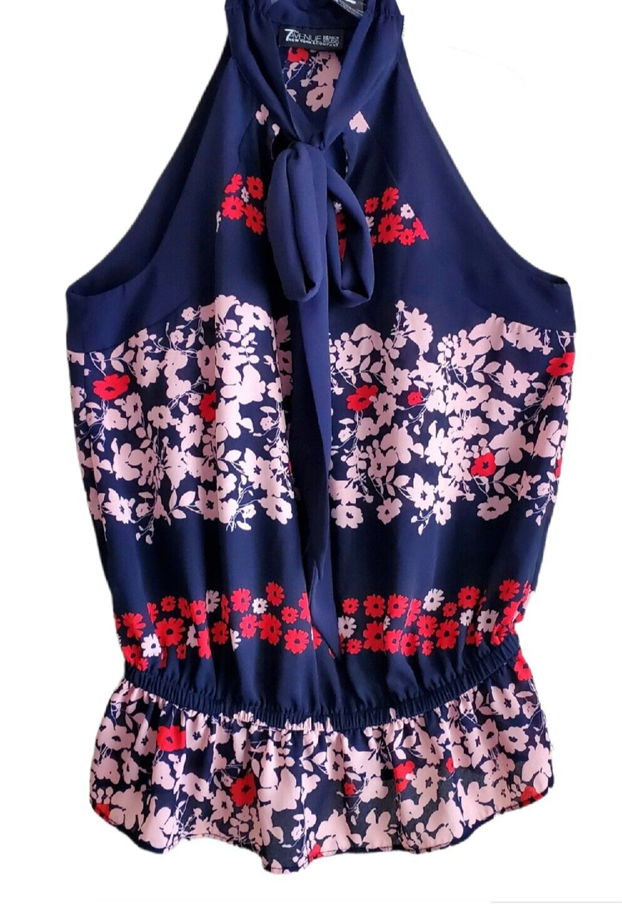 7th AVENUE Women XS Blouse Top Tie Neck Racerback Navy Pink Red Floral Bust 34"